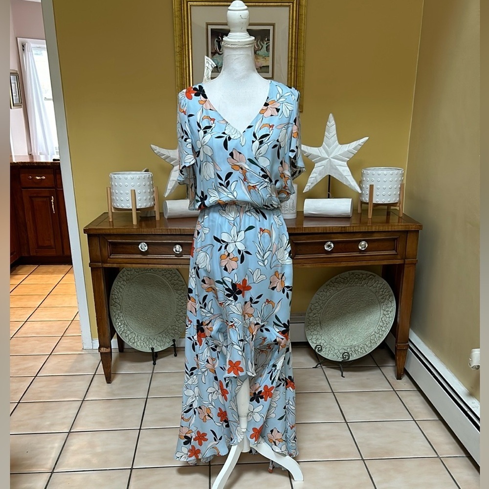 Parker Womens Demi Blue Orange Floral Botanical Silk Hi Lo Wrap Maxi Dress Sm - Picture 14 of 15